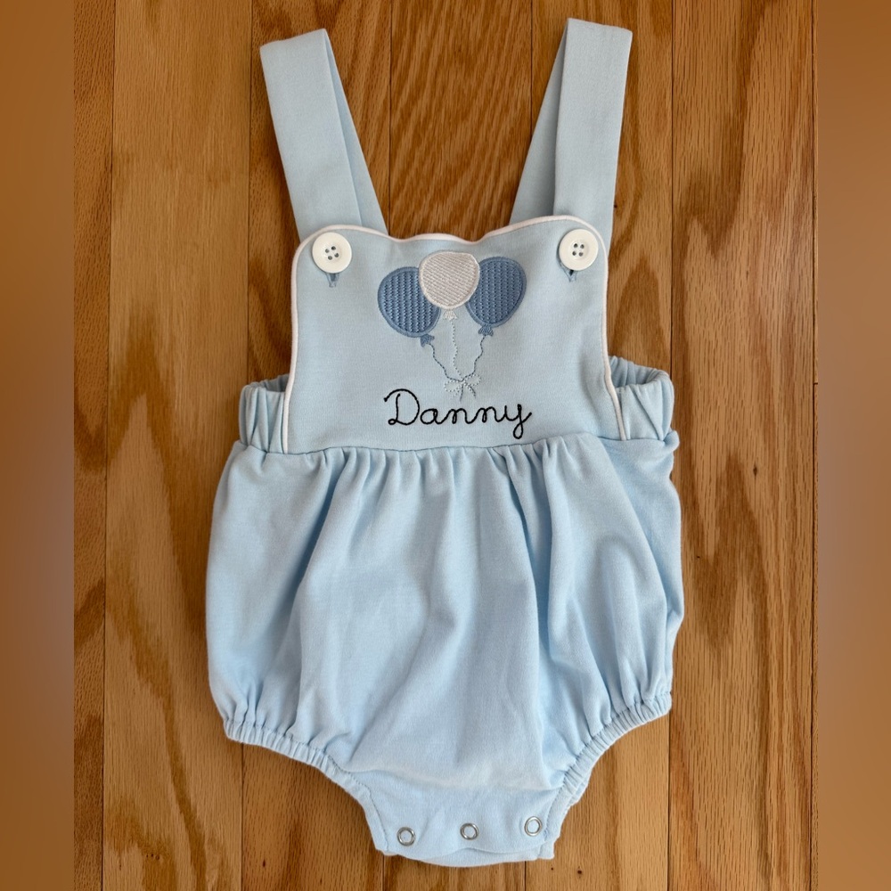 ‘Danny’ First Birthday Blue Baby Bubble Romper with Balloon Appliqué
